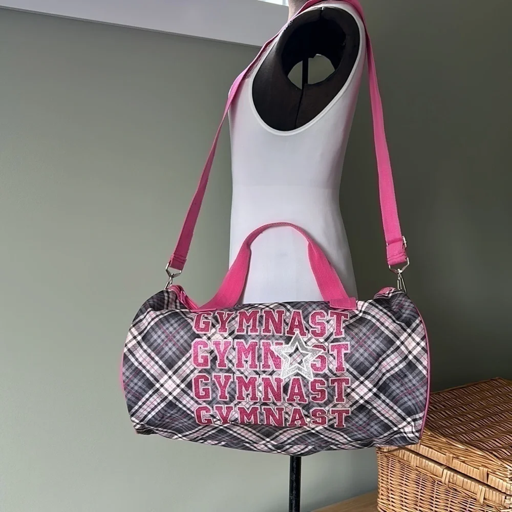 Gymnast Gymn⭐️st pink grey and black plaid adjustable shoulder strap bag euc